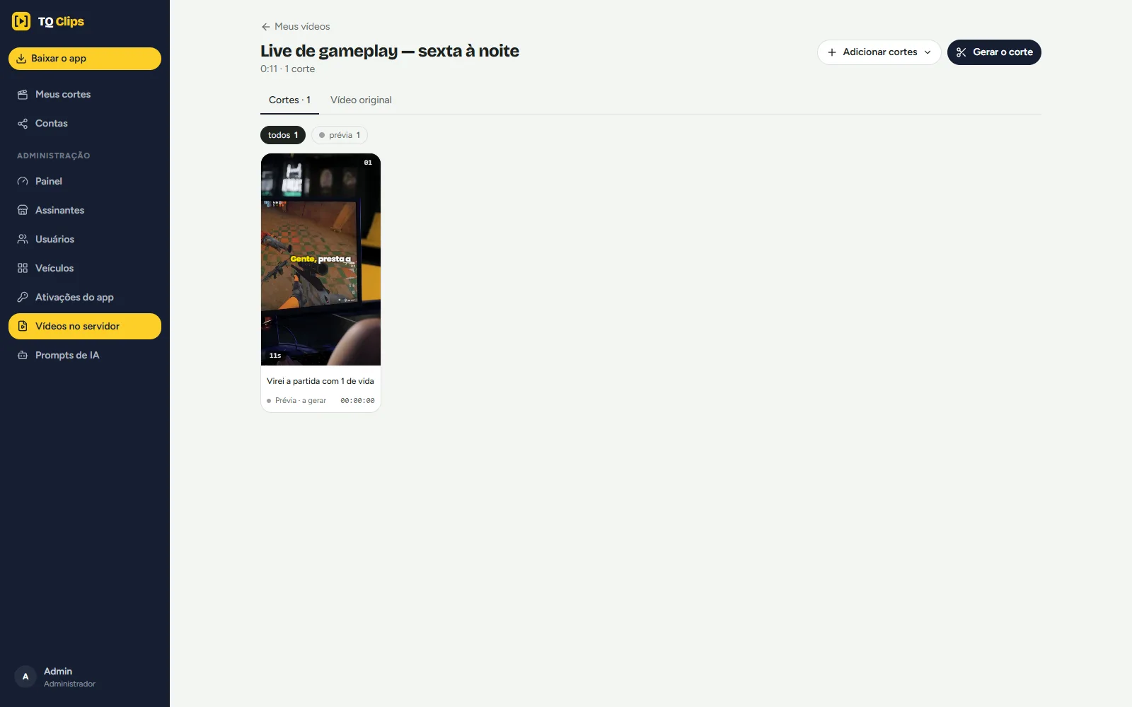 Os cortes de uma live de gameplay em grade, cada um com capa, duração e situação
